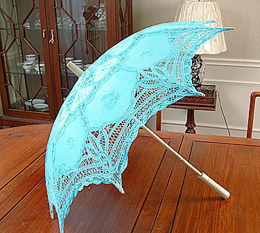 Aquariusi battenburg lace parasol. 16" (32" Full Open)